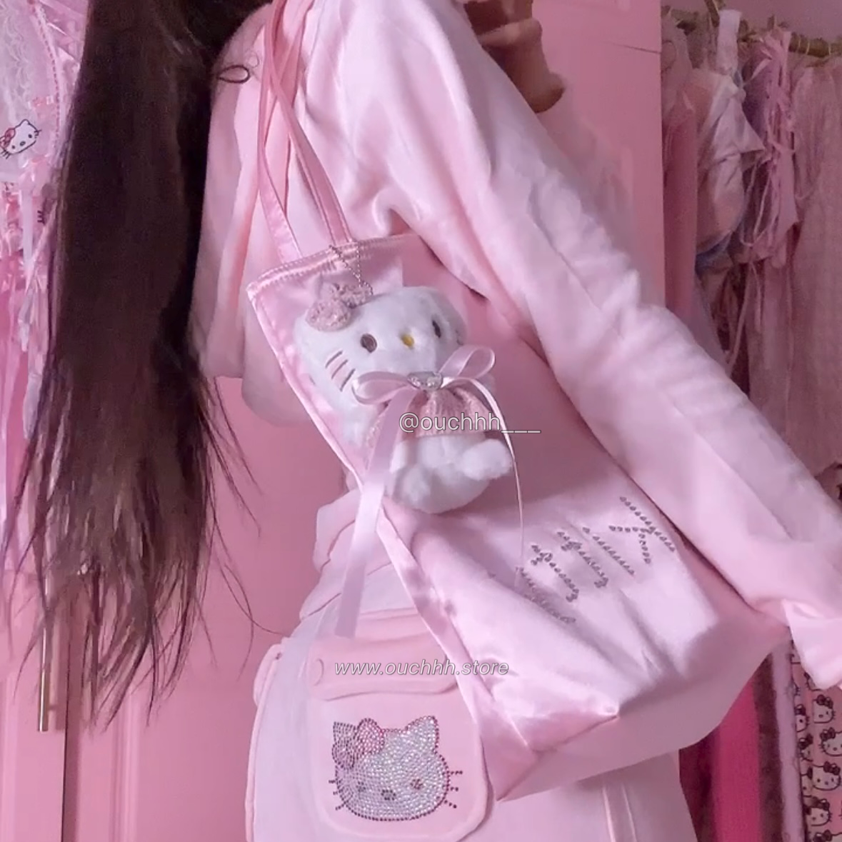 Hello Kitty Satin Tote Bag With Plushie (Pink/ Black)
