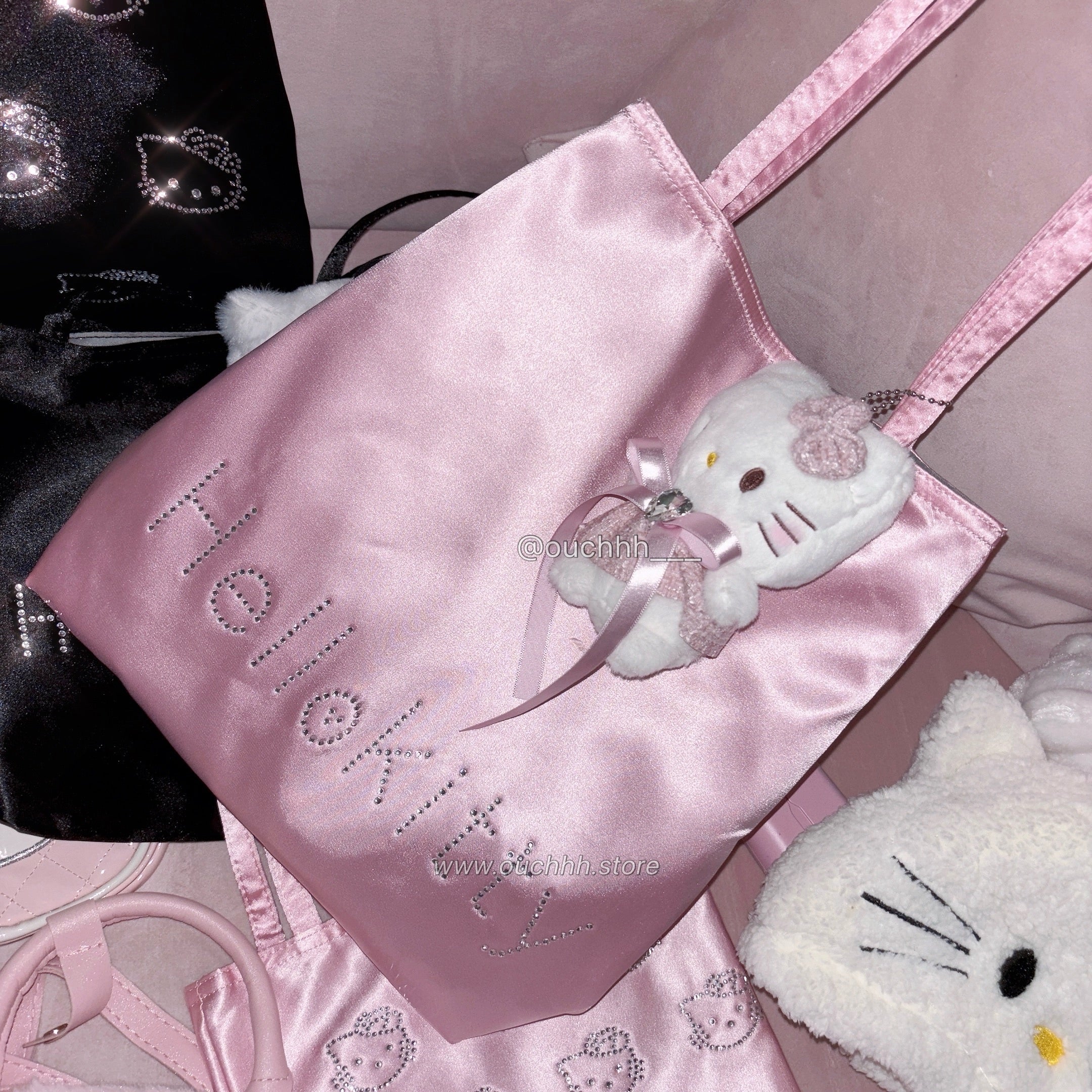 Hello Kitty Satin Tote Bag With Plushie (Pink/ Black)