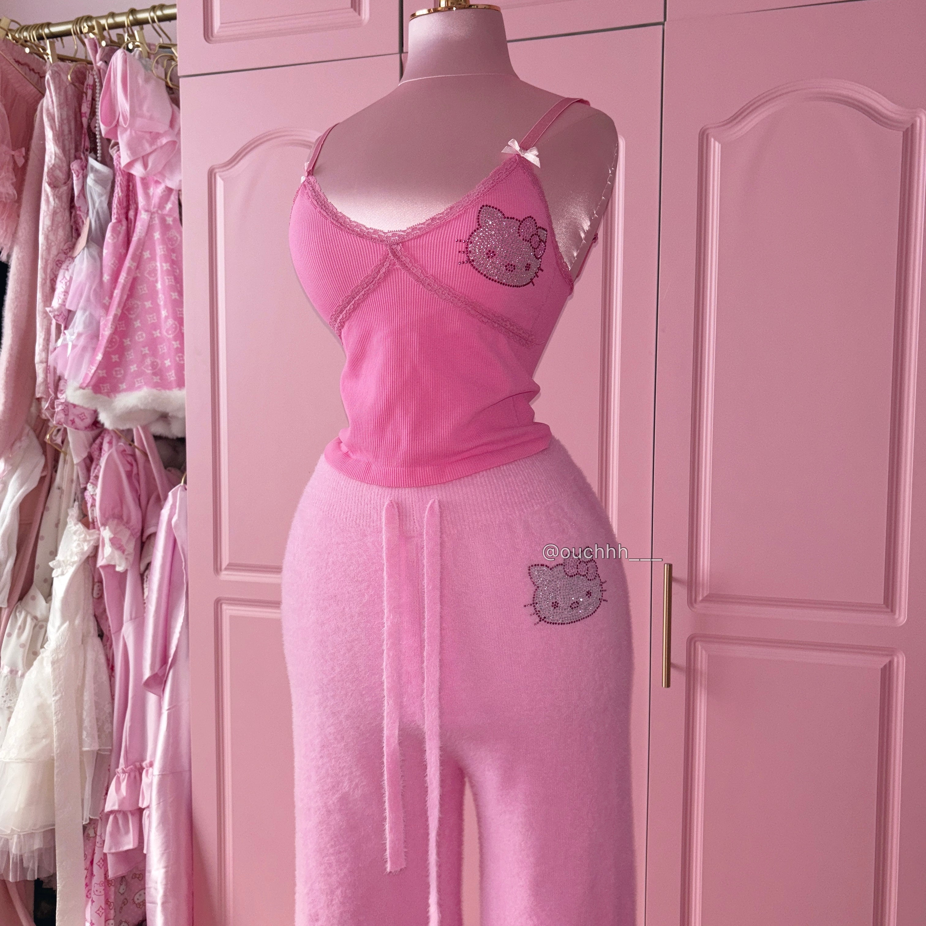 Purrfectly Pink Rhinestone Kitty Wide Leg Fleece Pants