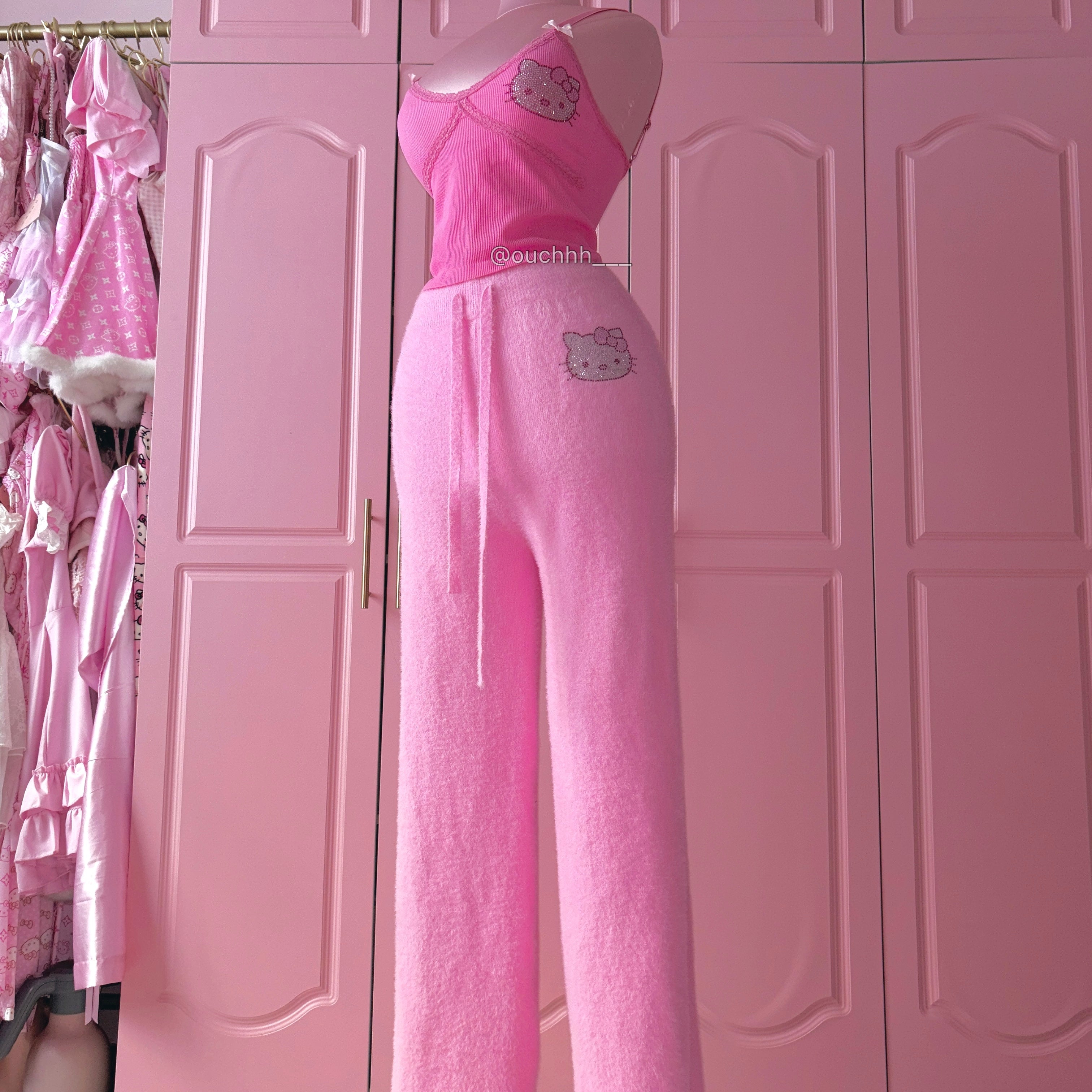 Purrfectly Pink Rhinestone Kitty Wide Leg Fleece Pants