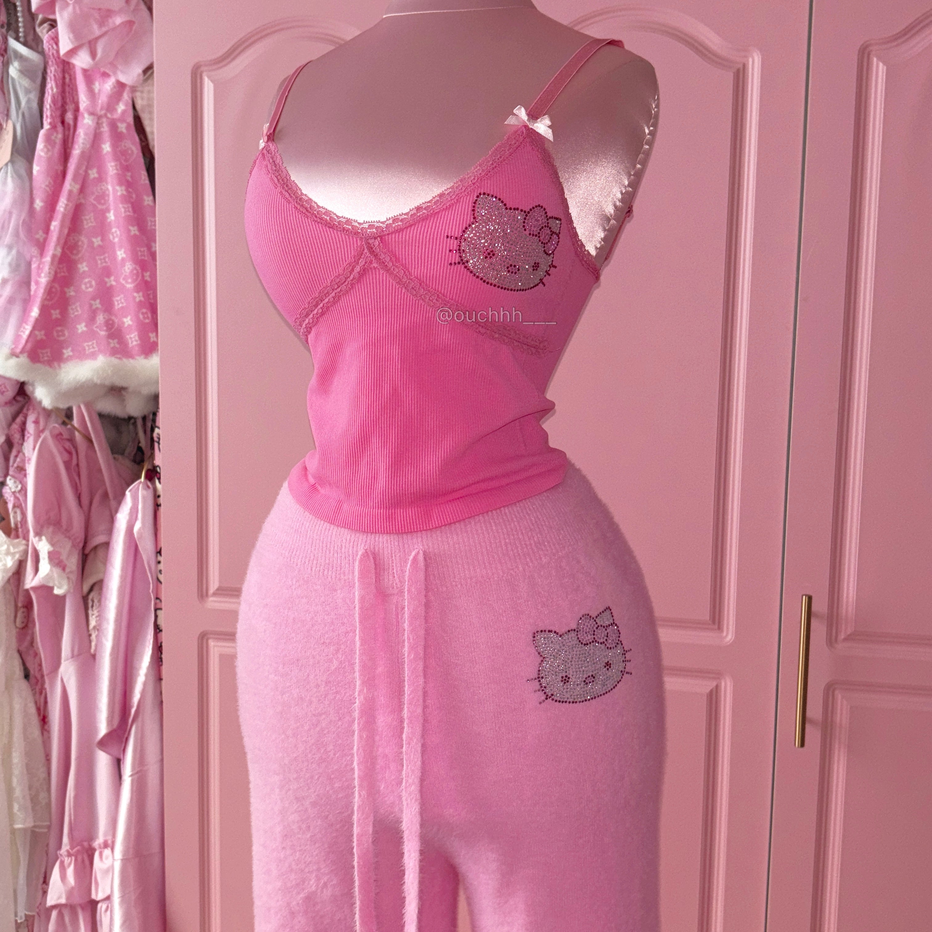 Purrfectly Pink Rhinestone Kitty Wide Leg Fleece Pants