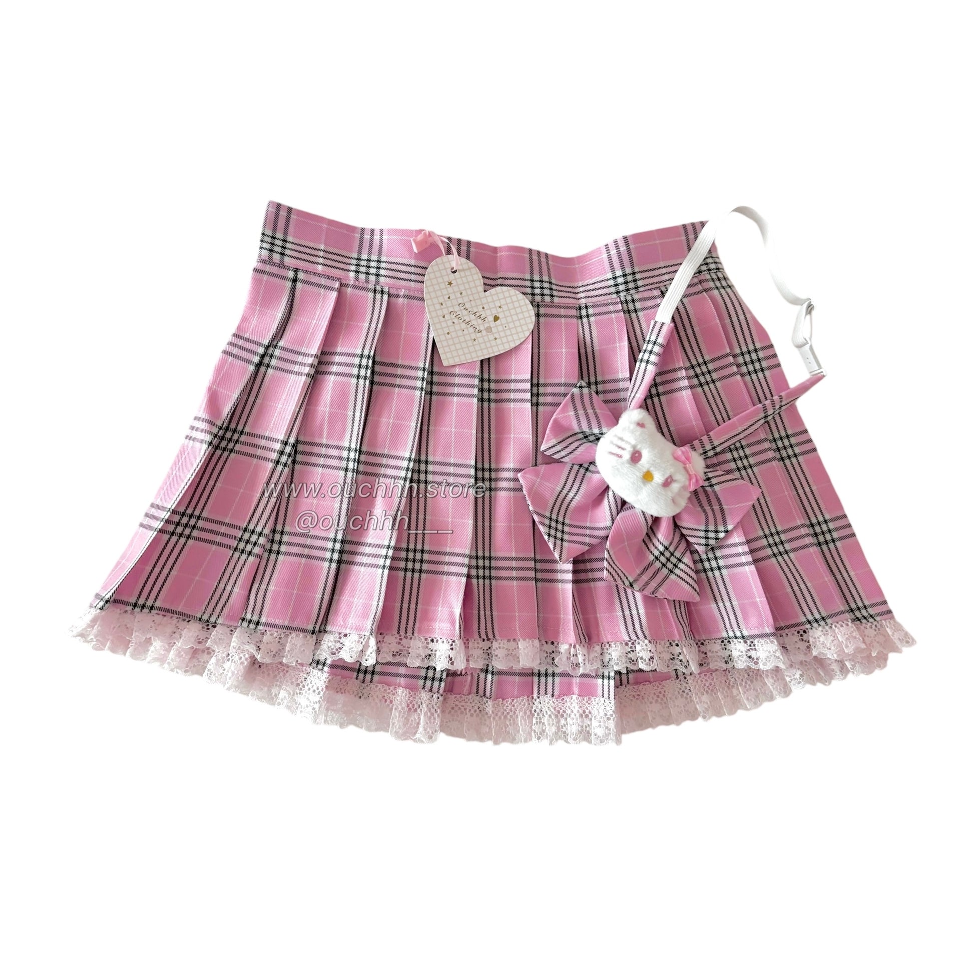 Kitty Academia Plaid Mini Skirt + Bow Tie (Pink)