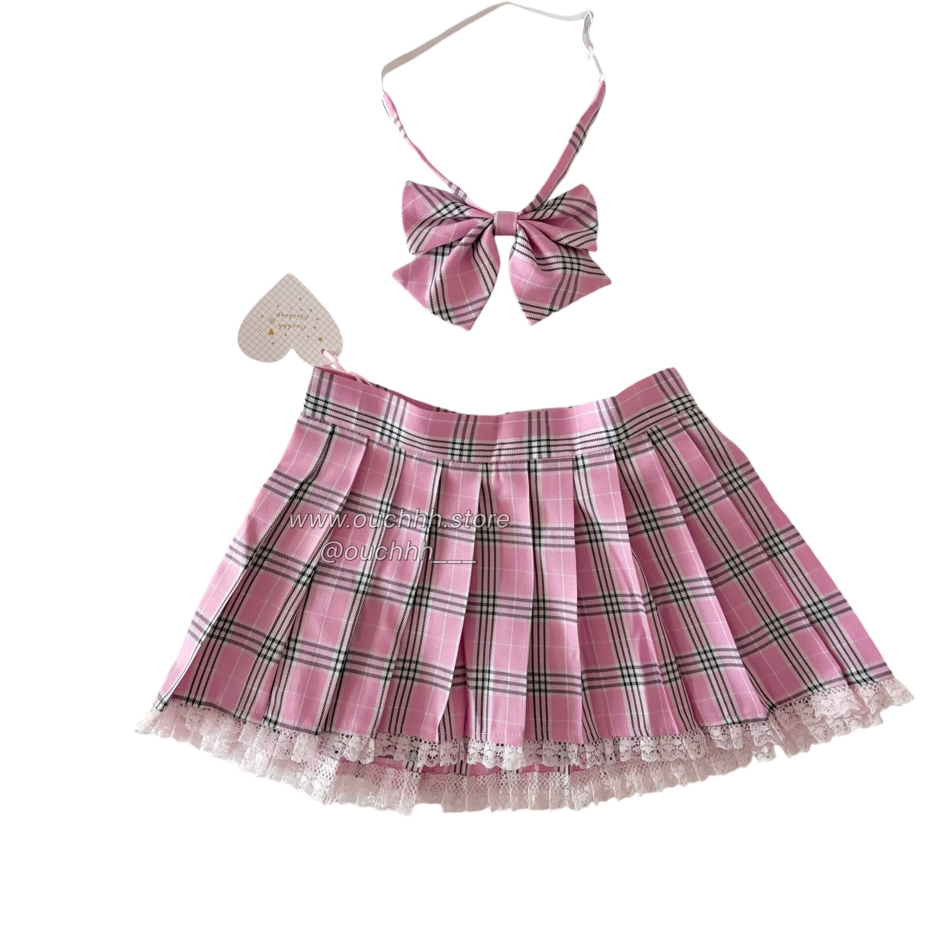 Kitty Academia Plaid Mini Skirt + Bow Tie (Pink)