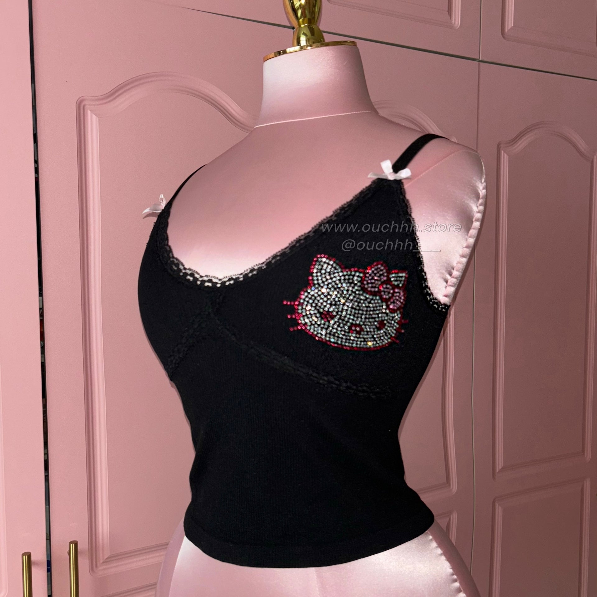 Purrfectly Black Rhinestone Kitty camisole