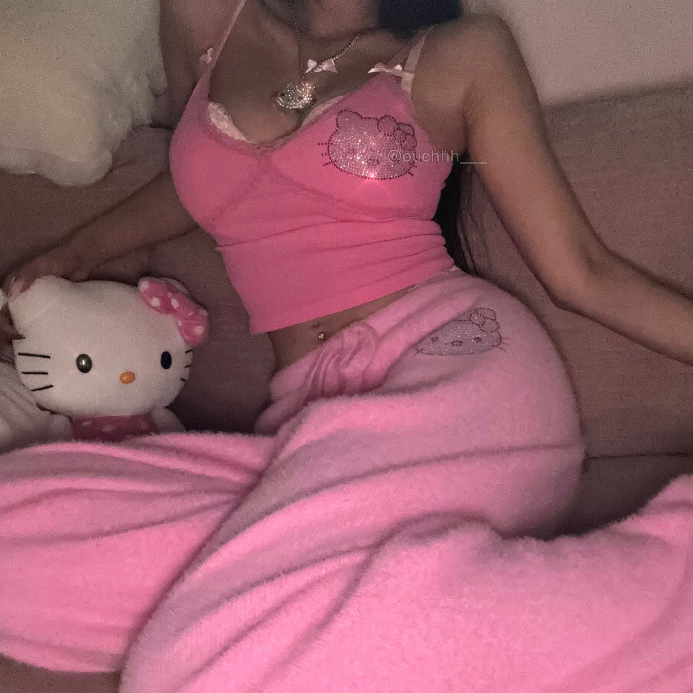 Purrfectly Pink Rhinestone Kitty Wide Leg Fleece Pants