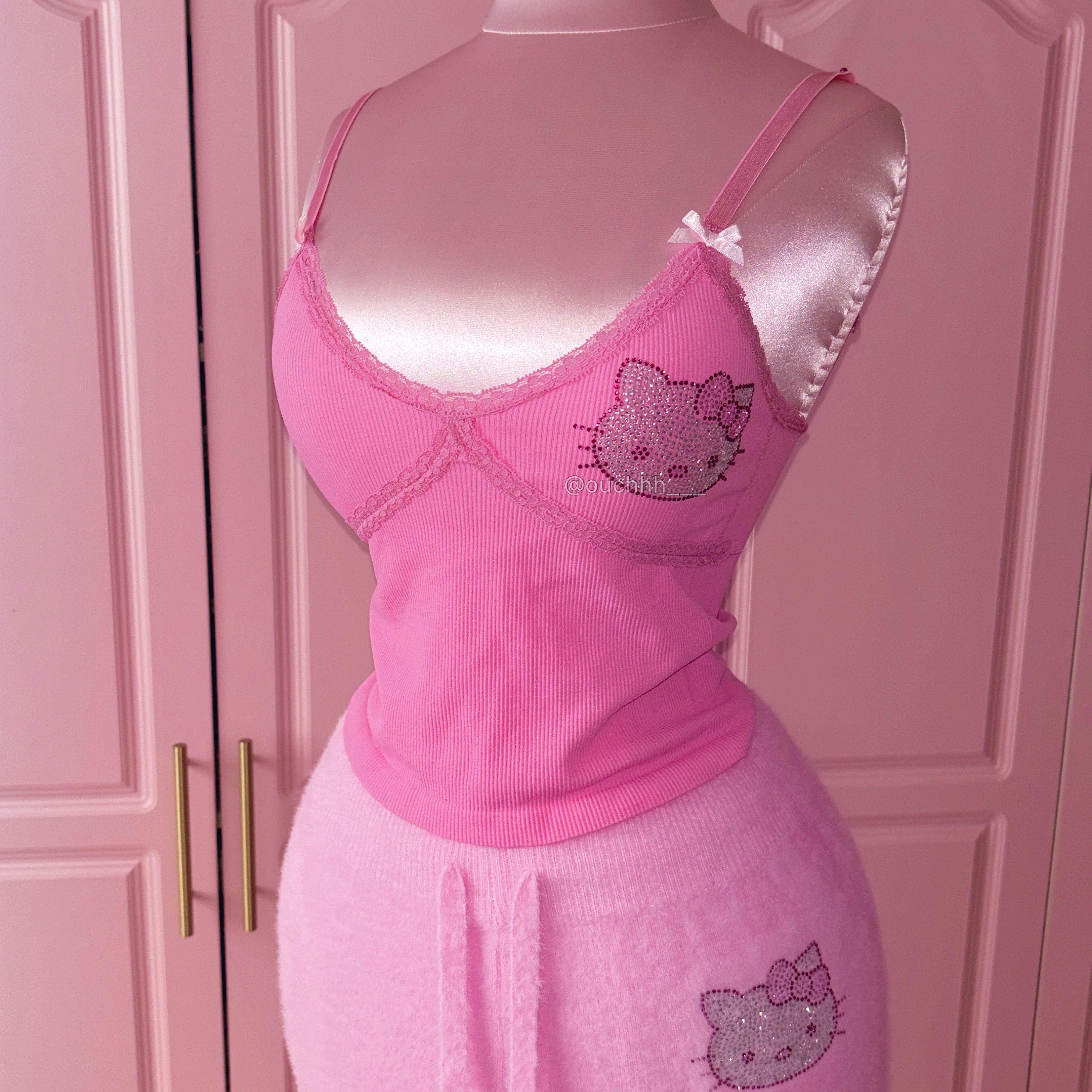Purrfectly Pink Rhinestone Kitty Wide Leg Fleece Pants