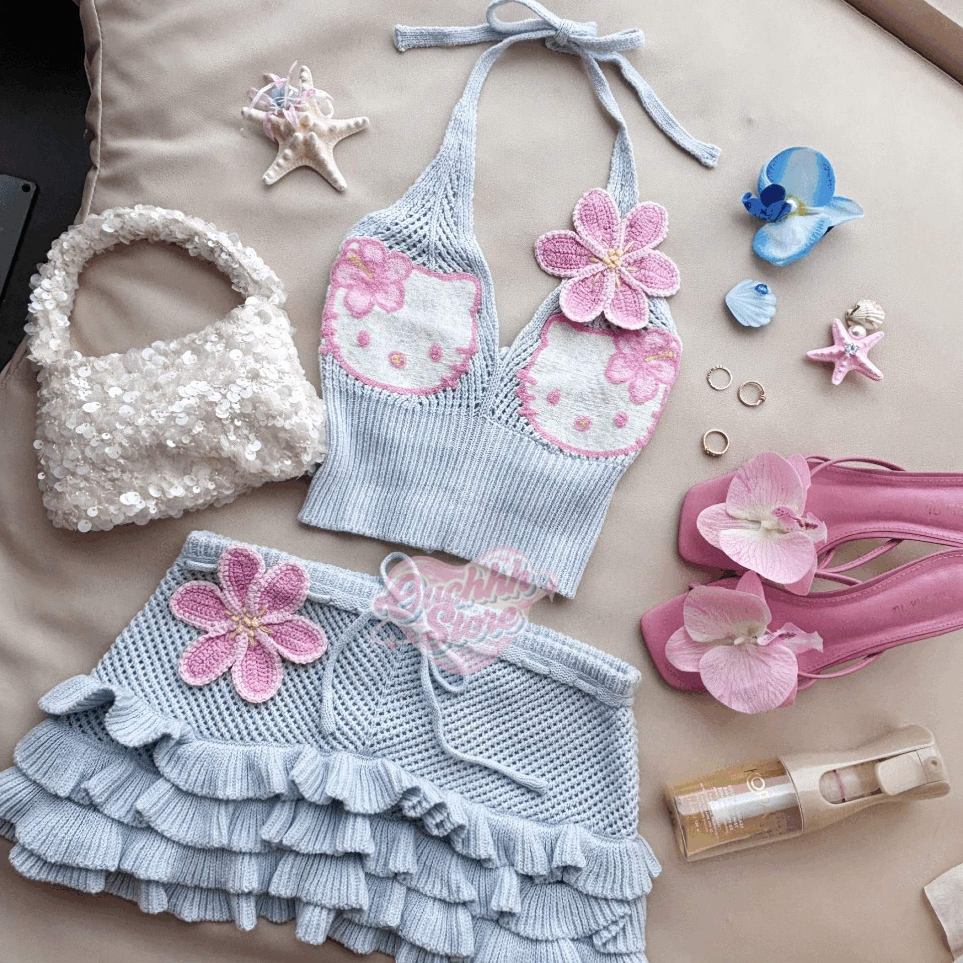 Hibiscus Kitty Crochet Set (Baby Blue)