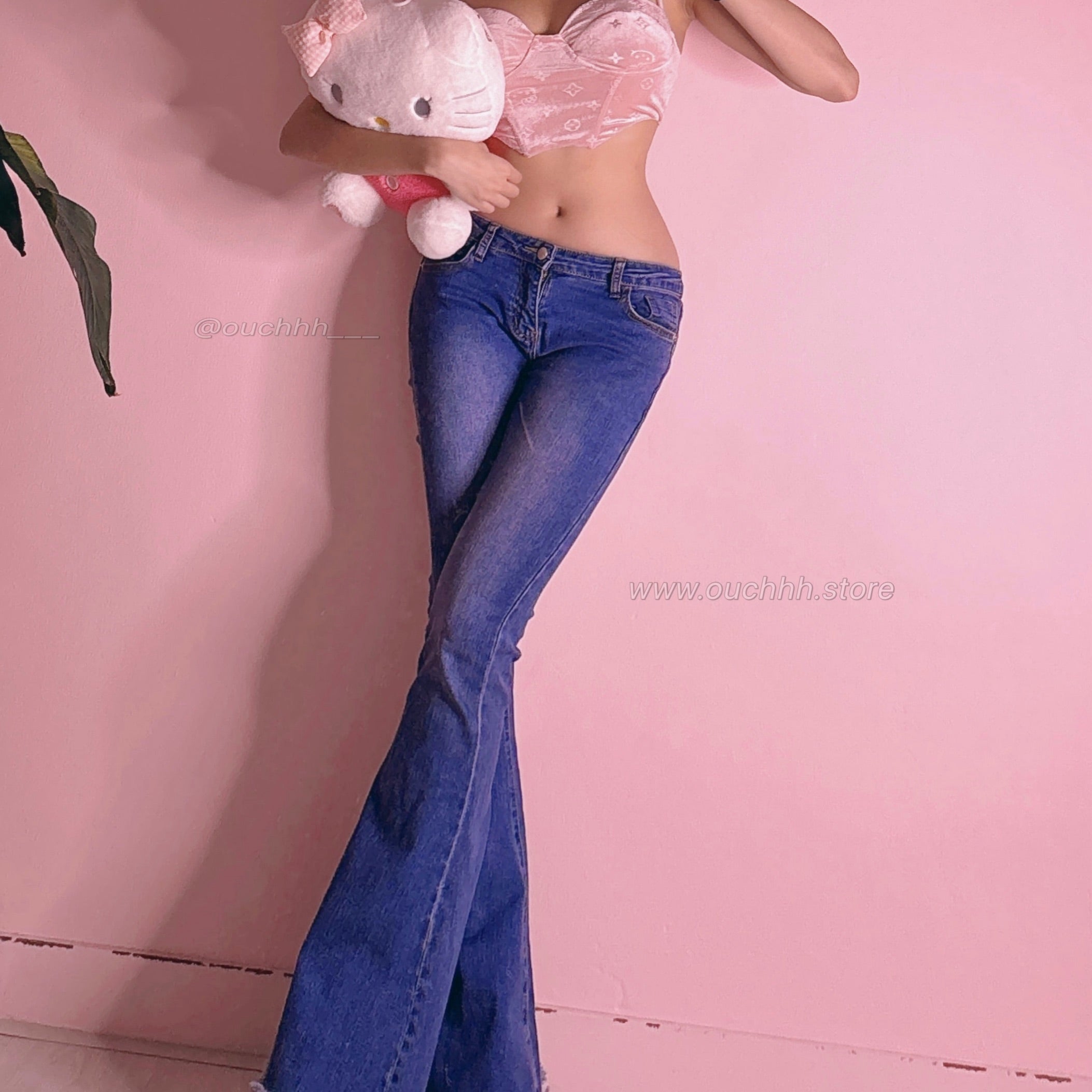 Glowy Kitty Rhinestone Low Rise Denim Jeans (2 Colors)