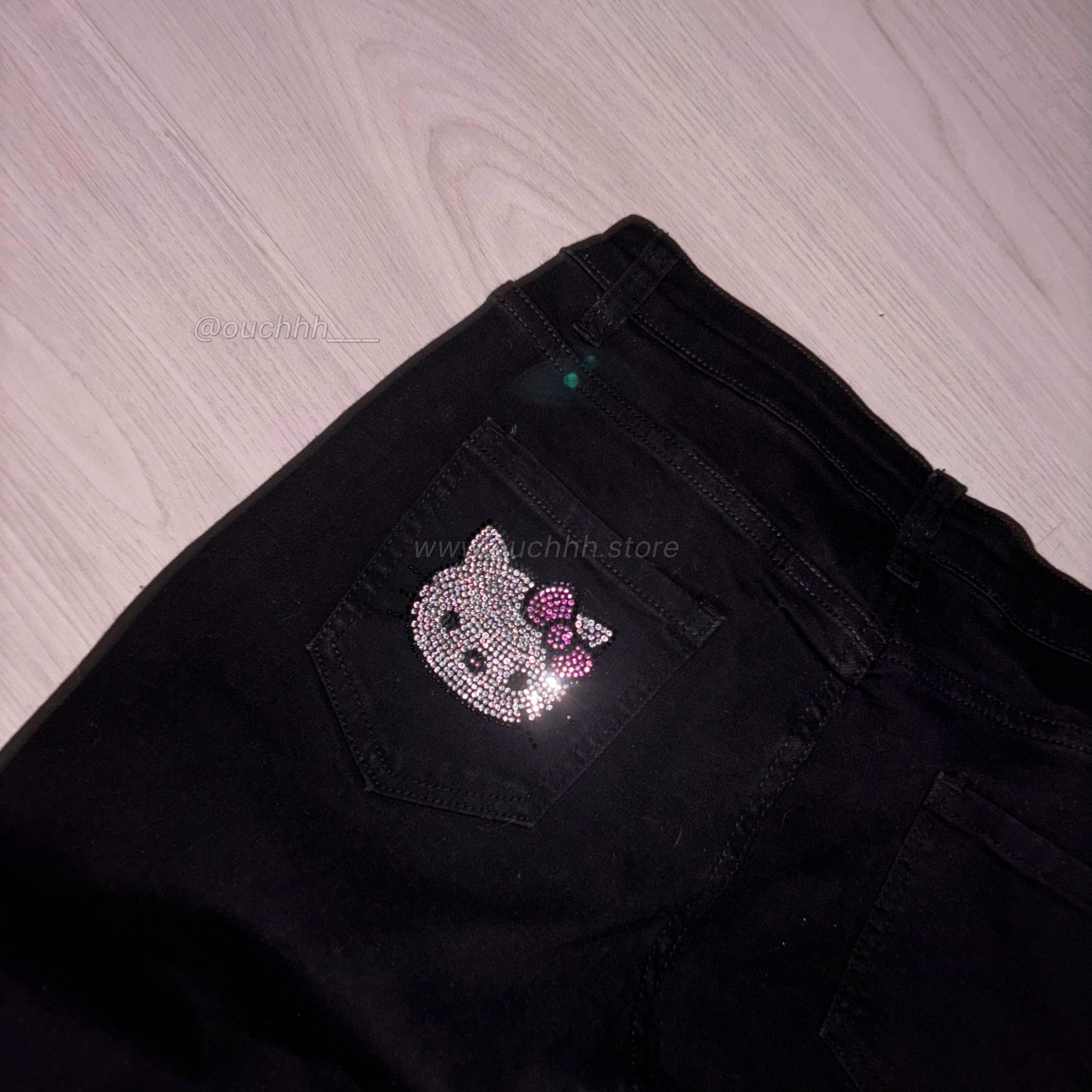 Glowy Kitty Rhinestone Low Rise Denim Jeans (2 Colors)