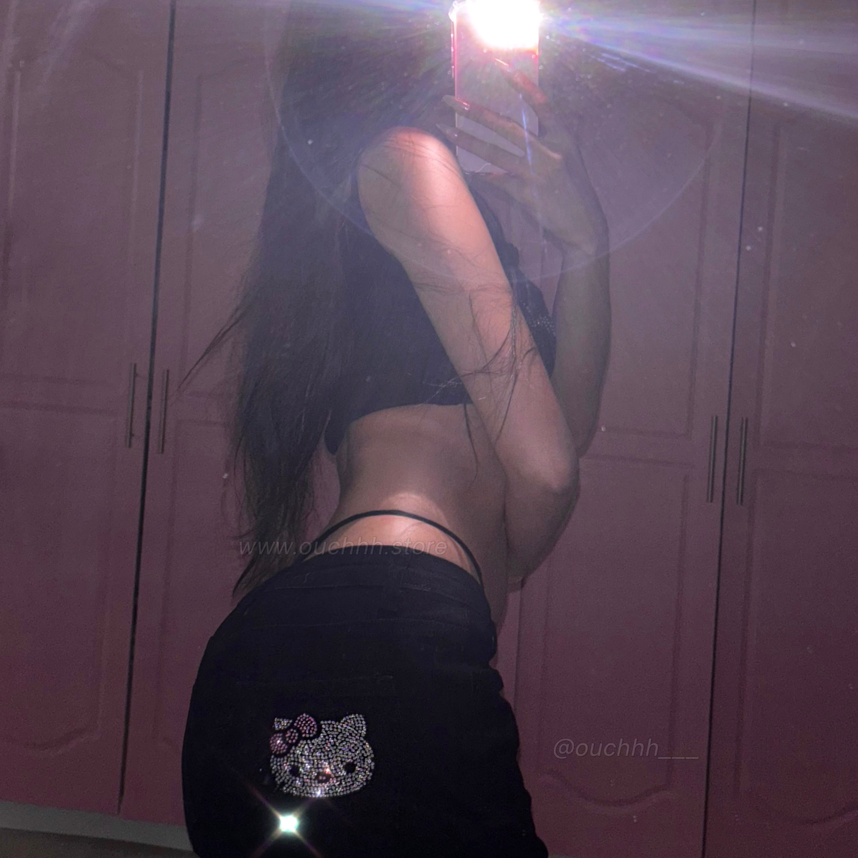 Glowy Kitty Rhinestone Low Rise Denim Jeans (2 Colors)