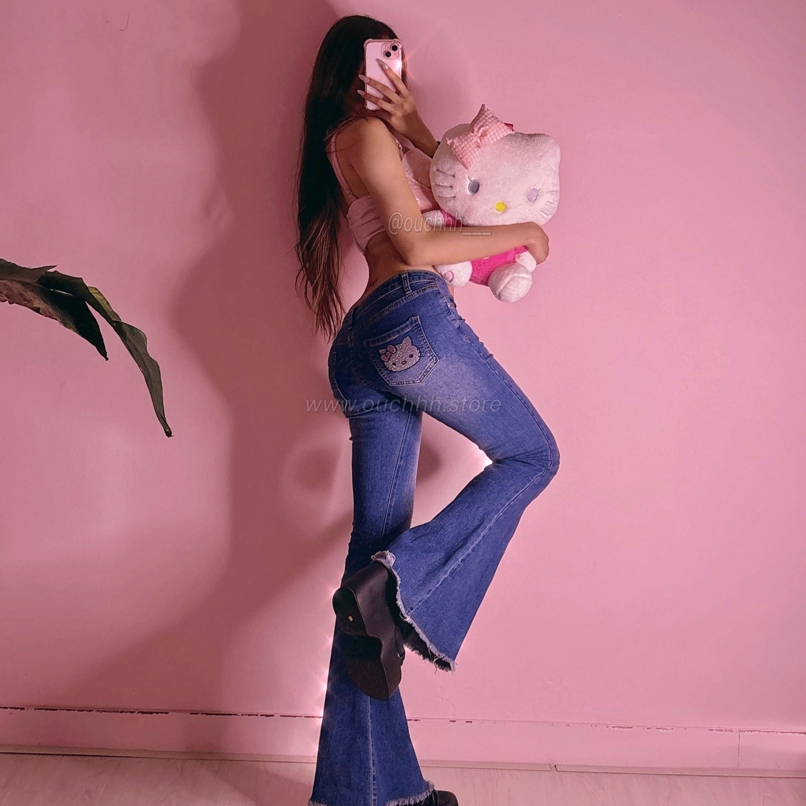 Glowy Kitty Rhinestone Low Rise Denim Jeans (2 Colors)
