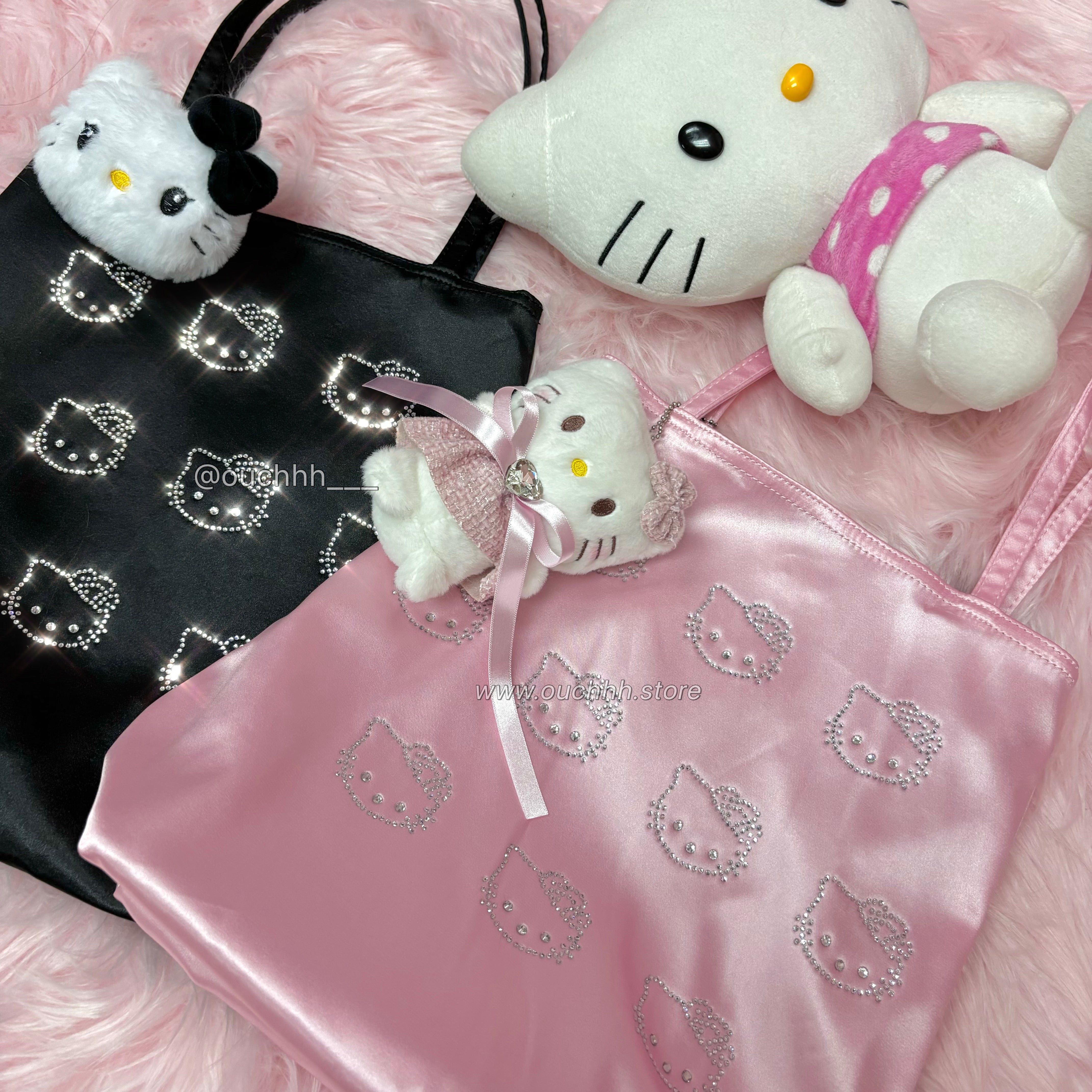 Hello Kitty Satin Tote Bag With Plushie (Pink/ Black)
