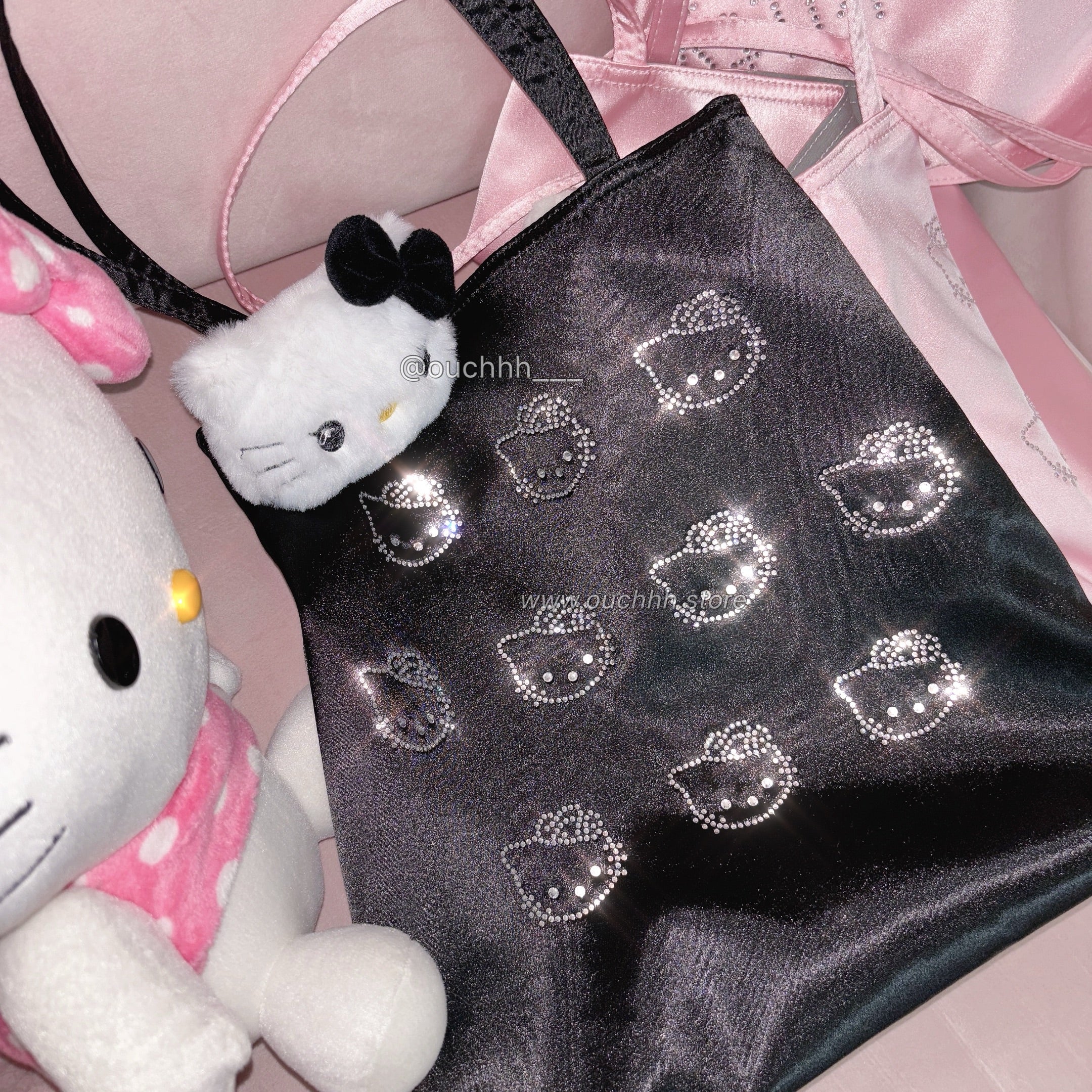 Hello Kitty Satin Tote Bag With Plushie (Pink/ Black)