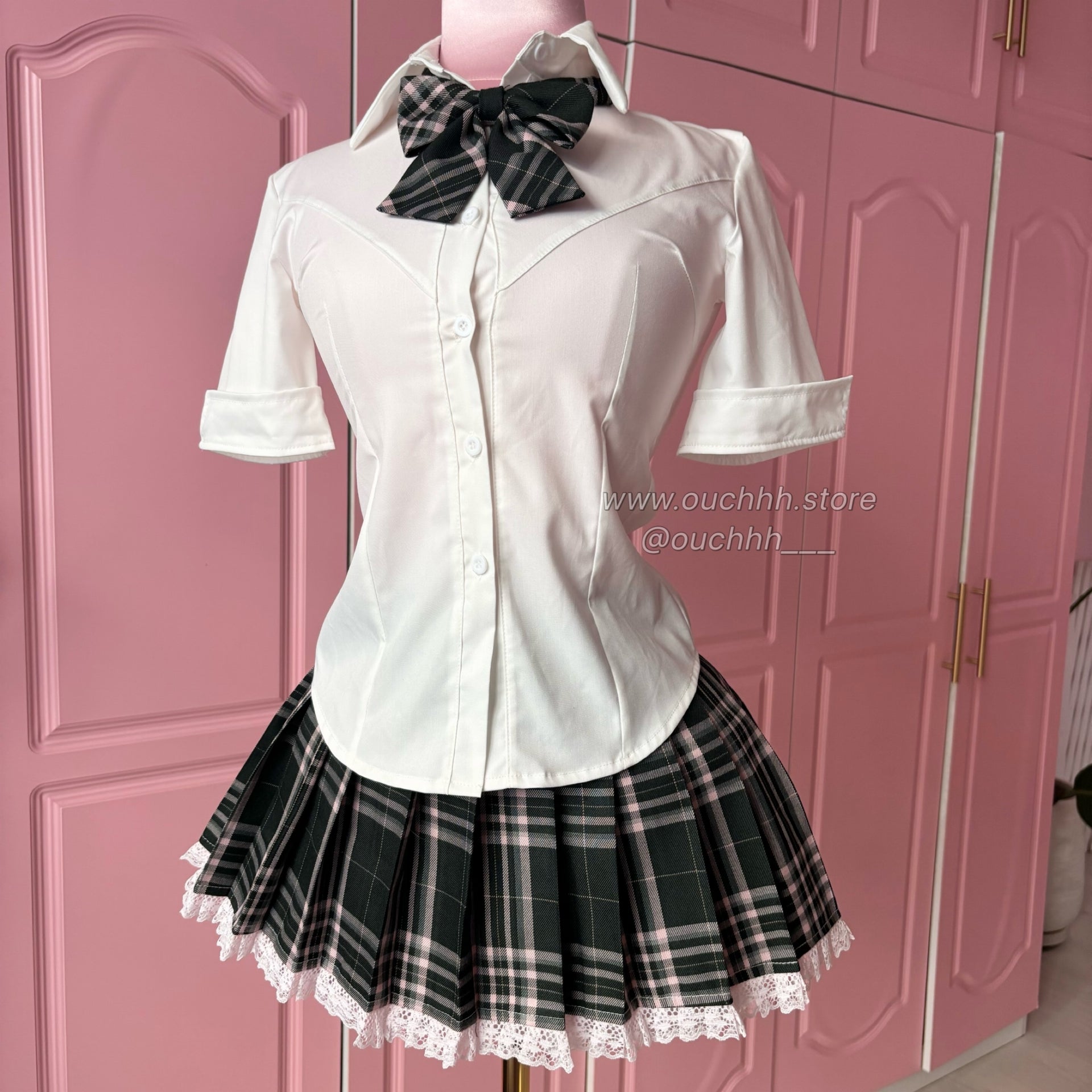 Academia Plaid Mini Skirt + Bow Tie (Dark Green)