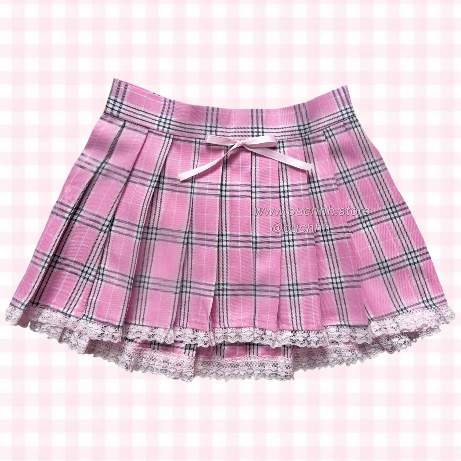 Academia Plaid Mini Skirt with ribbon (Pink)