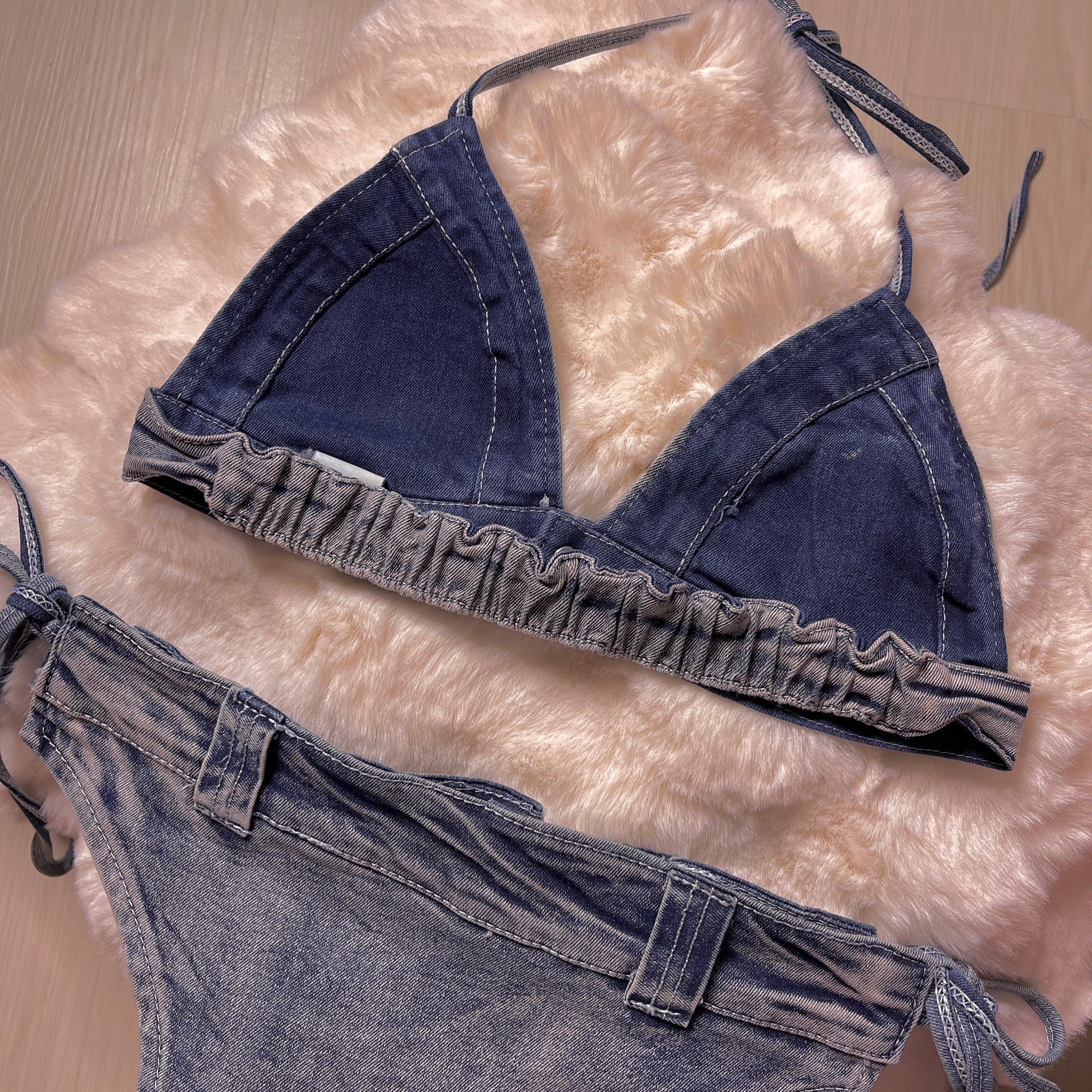 Rhinestone Kitty Denim Bikini Set