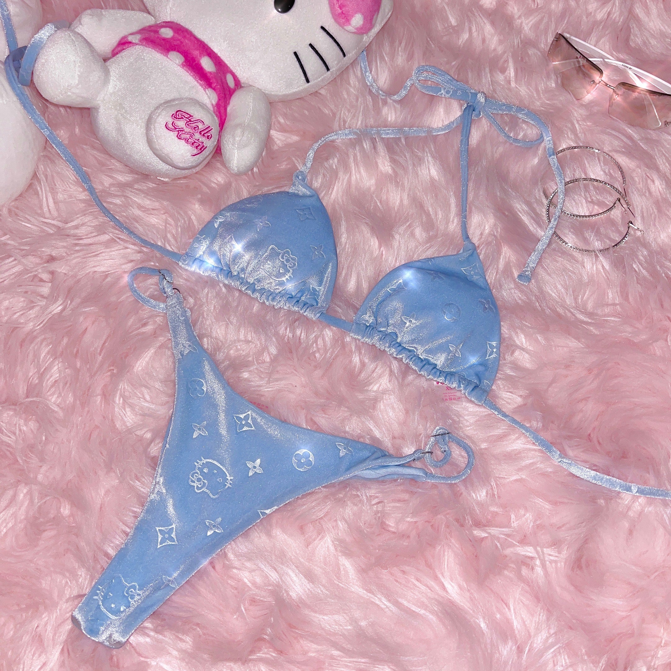 Glow up Lavish Kitty Bikini 3 Piece Set (Baby Blue)