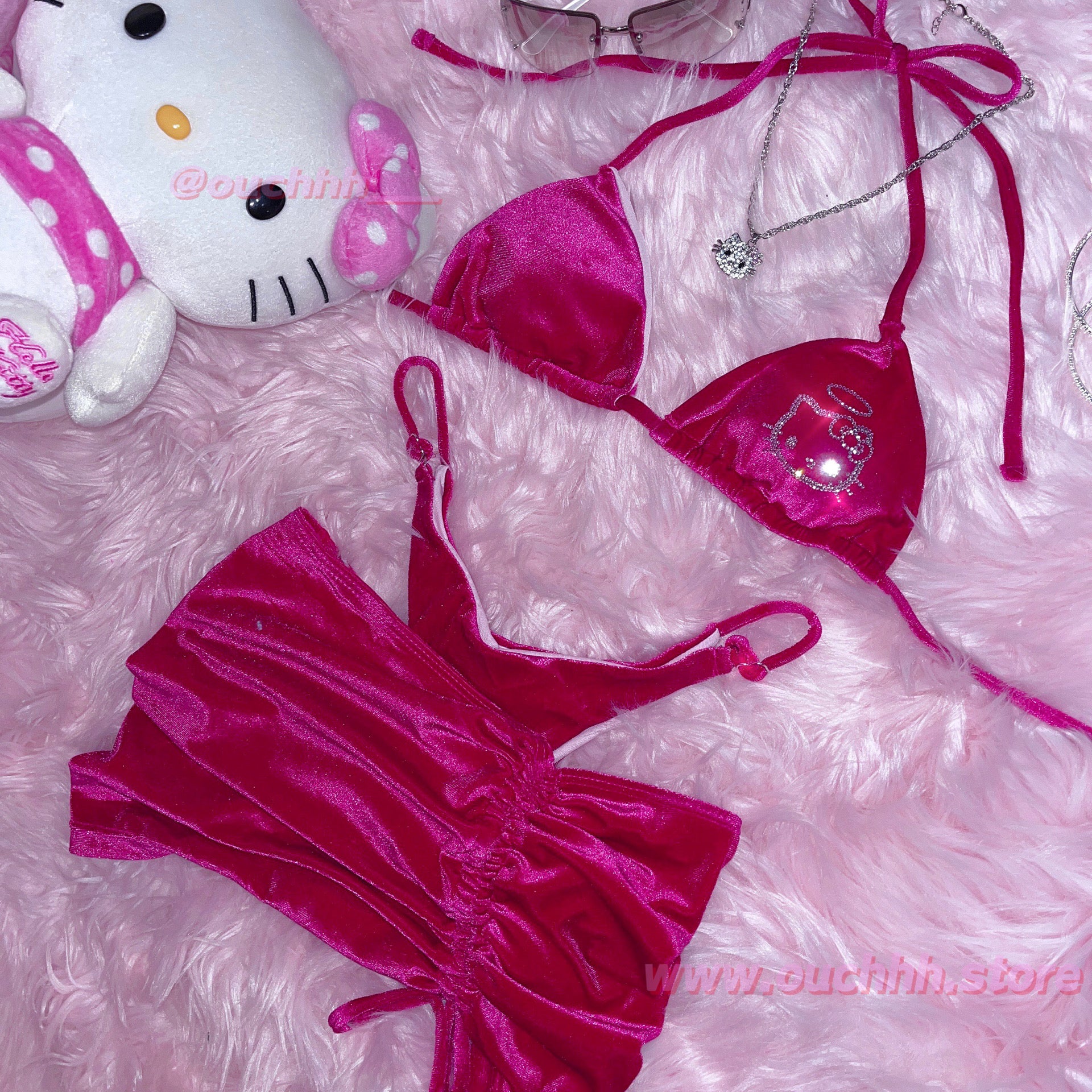 Hello Angel Bikini 3 Piece Set (Dark Pink)