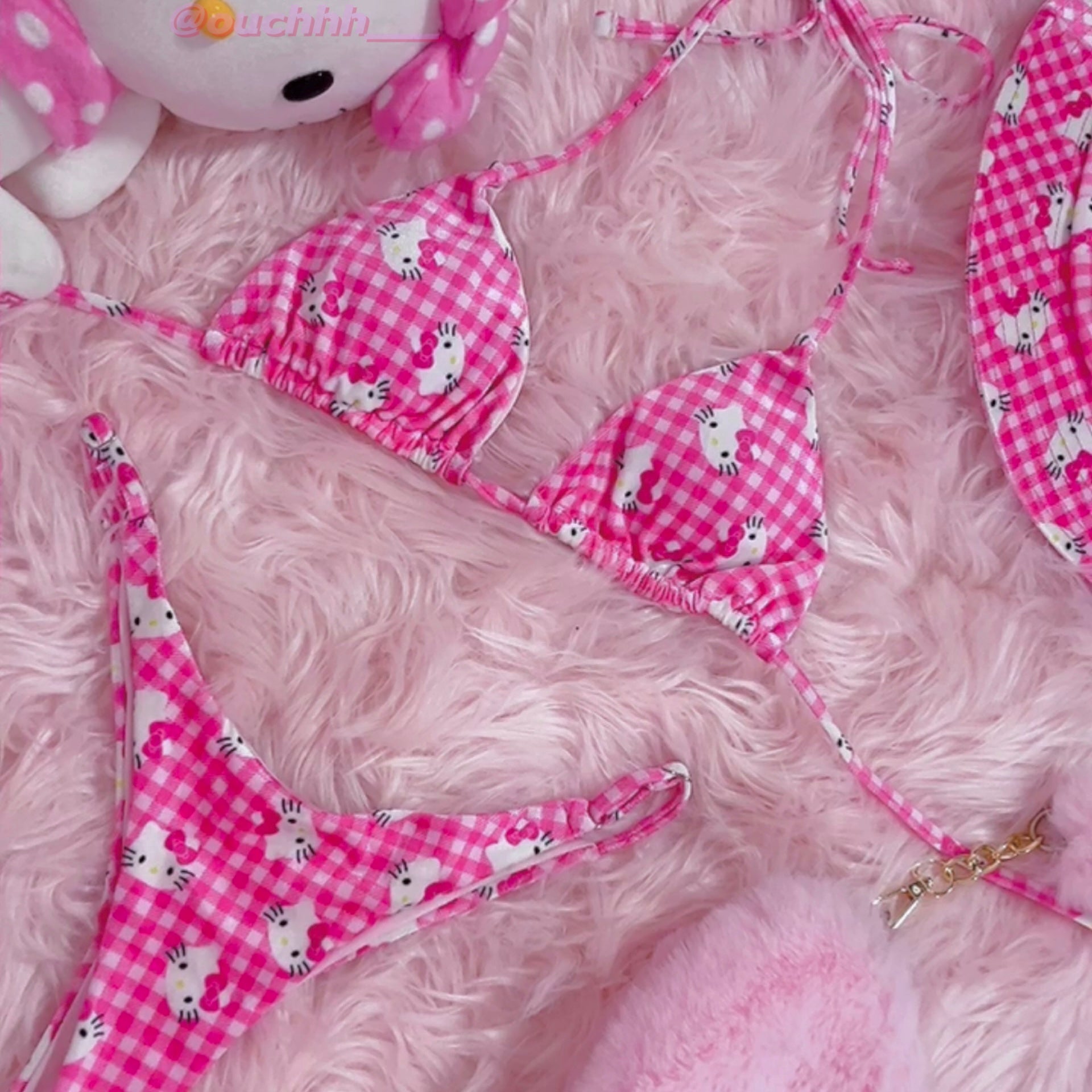 Beach Picnic Kitty Gingham Bikini 3 Piece Set