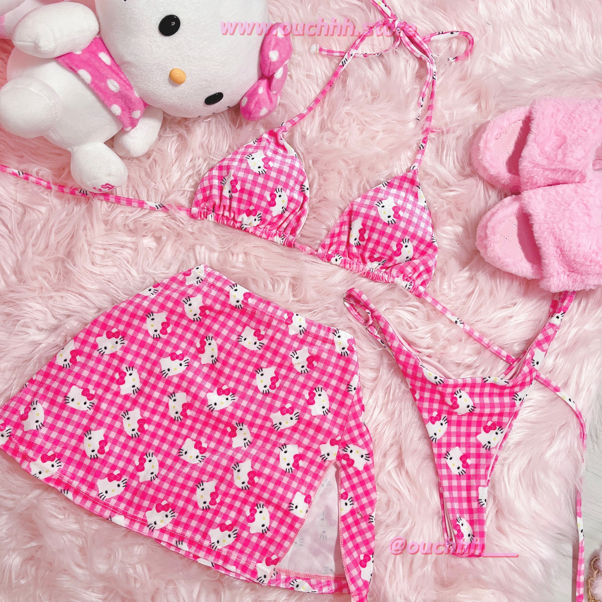 Beach Picnic Kitty Gingham Bikini 3 Piece Set
