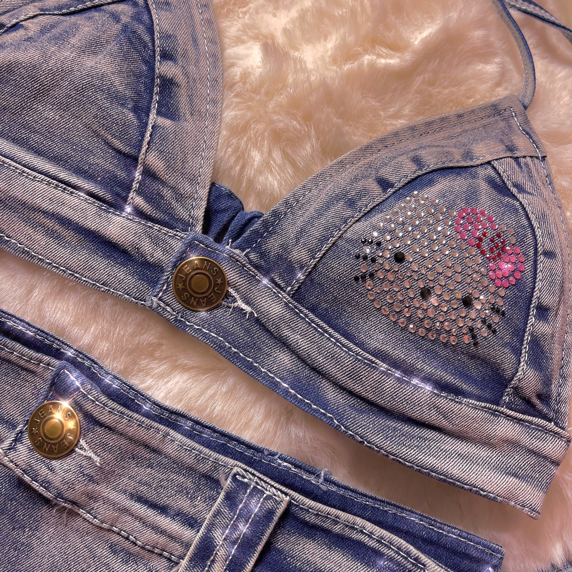 Rhinestone Kitty Denim Bikini Set