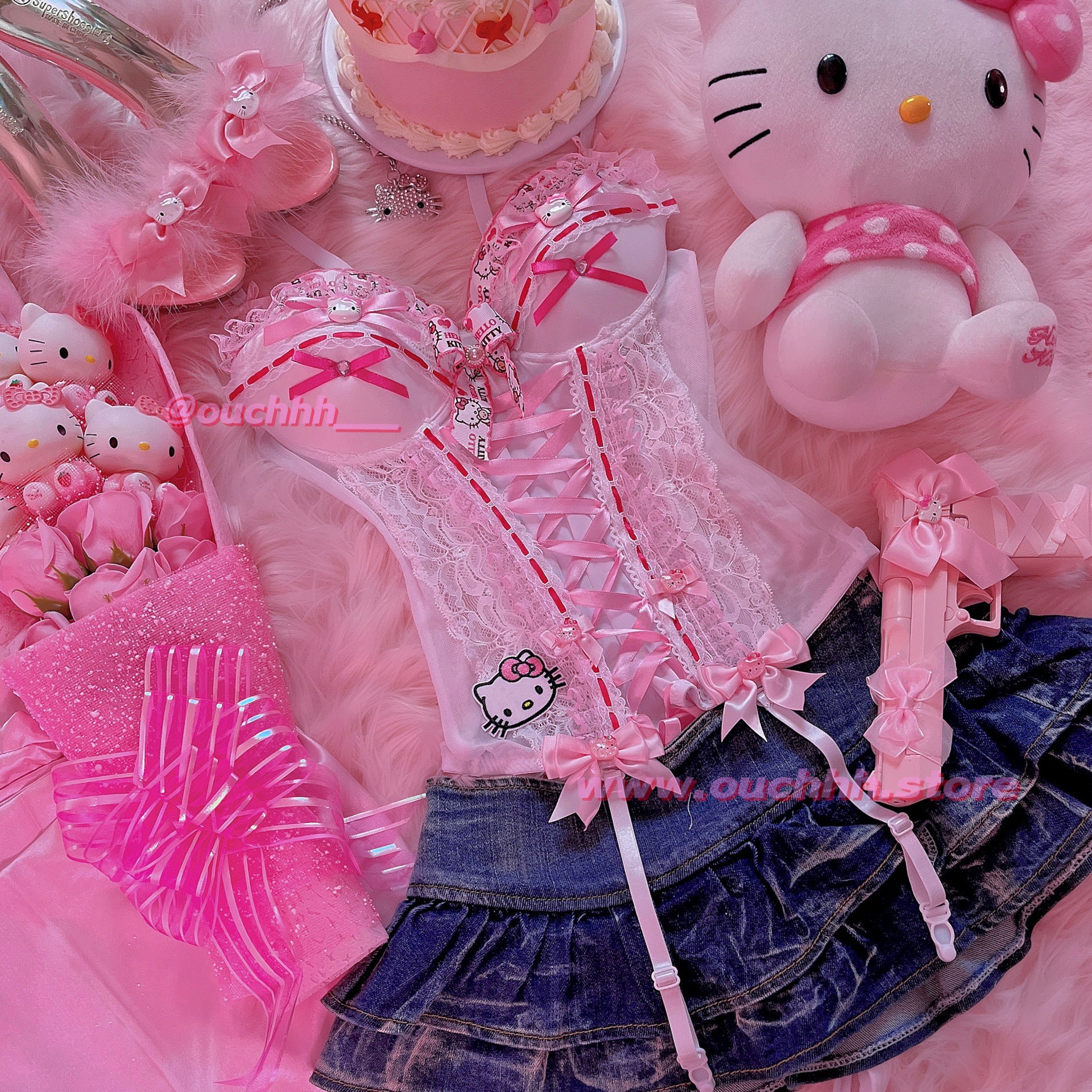 Spoil Me Rotten Kitty Ribbon Corset Set (white)