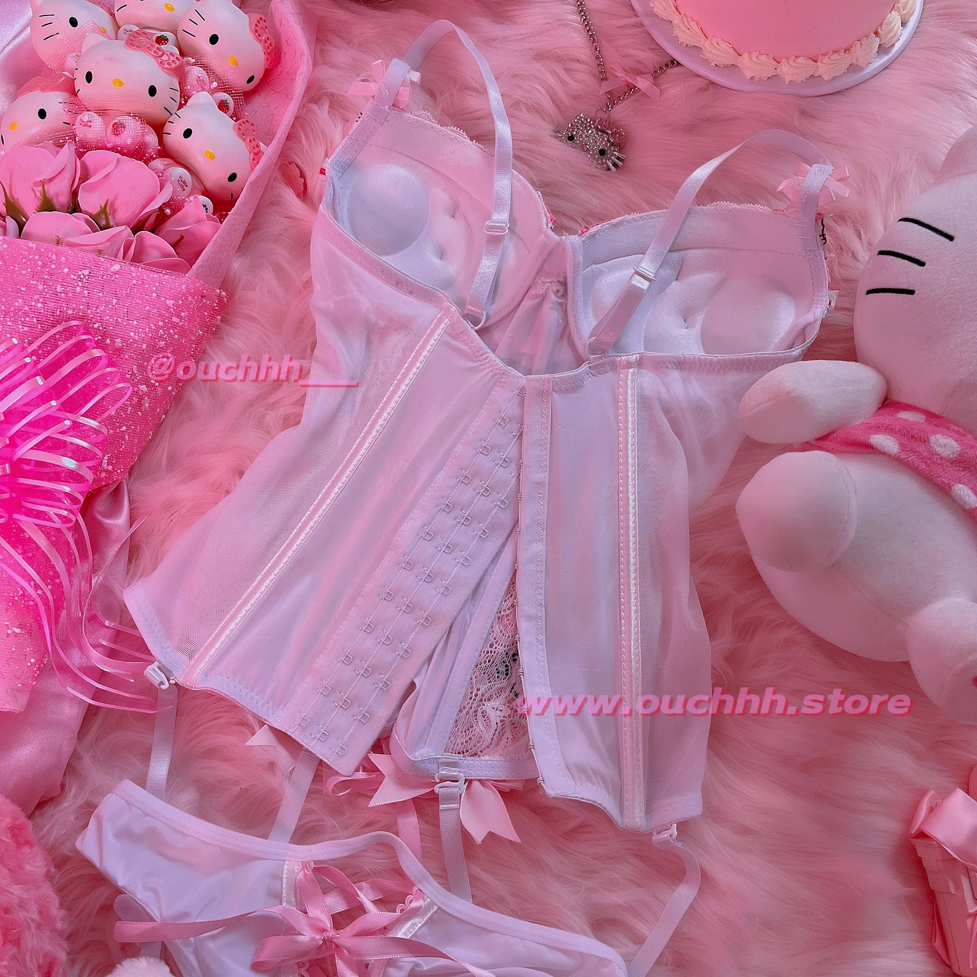 Spoil Me Rotten Kitty Ribbon Corset Set (white)