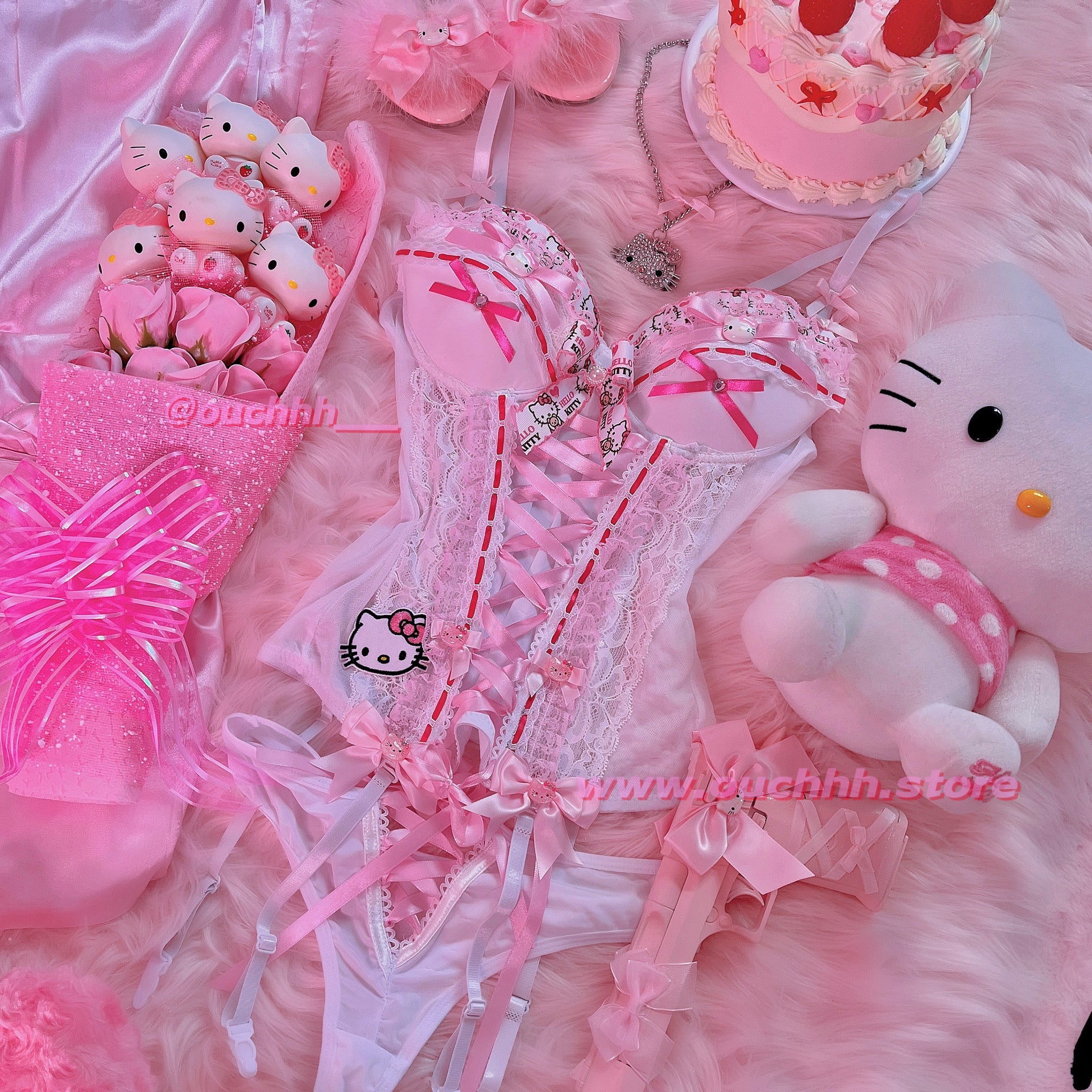 Spoil Me Rotten Kitty Ribbon Corset Set (white)