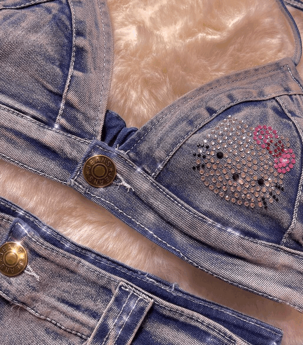 Rhinestone Kitty Denim Bikini Set