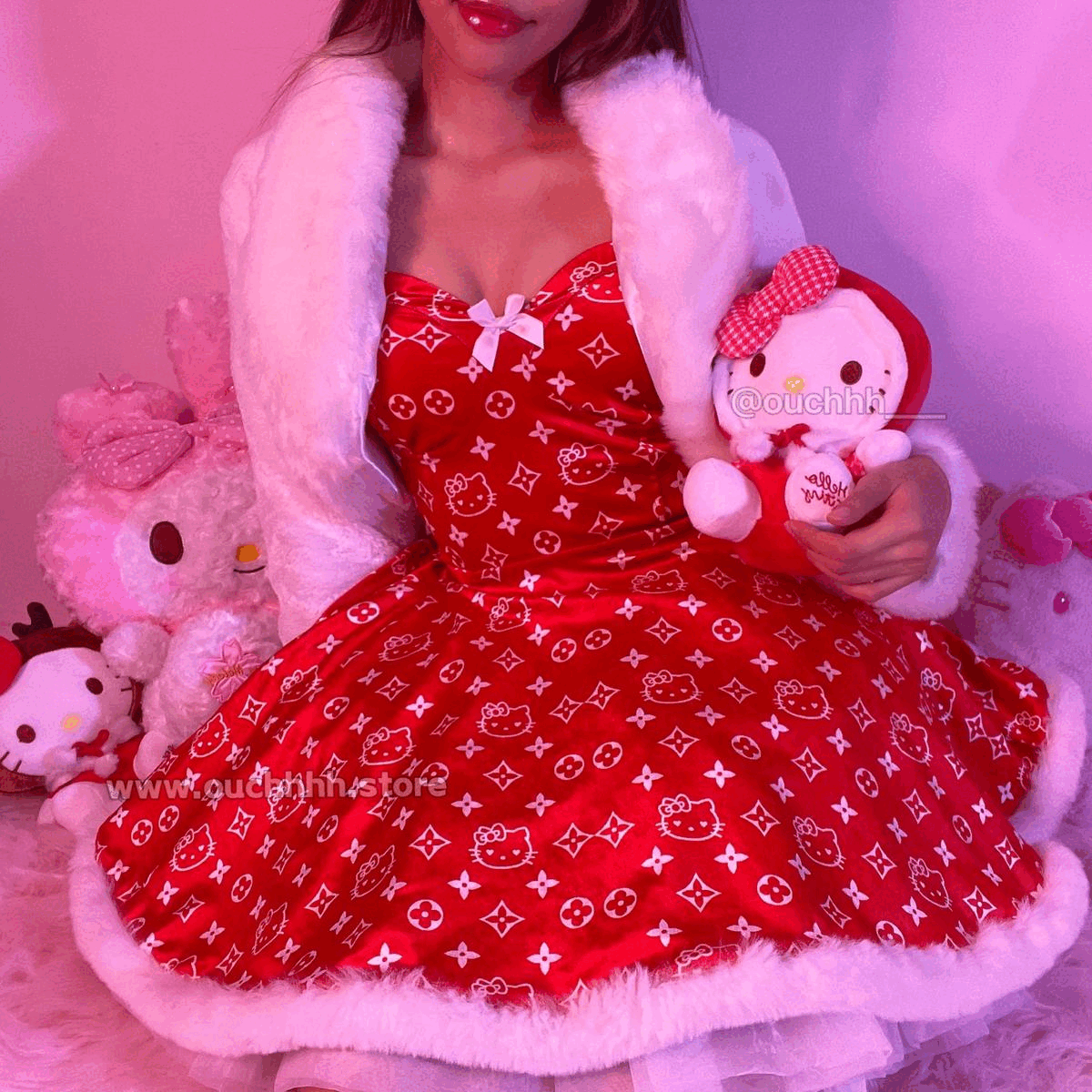 Lavish Kitty Fur Trim Velvet Flare Dress (Red)