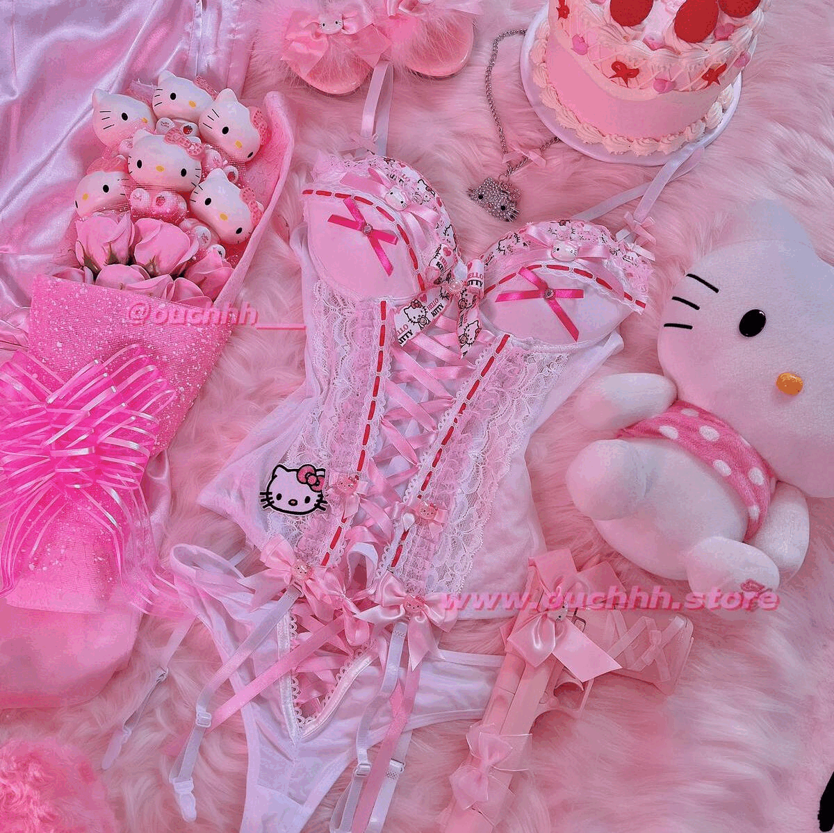 Spoil Me Rotten Kitty Ribbon Corset Set (white)