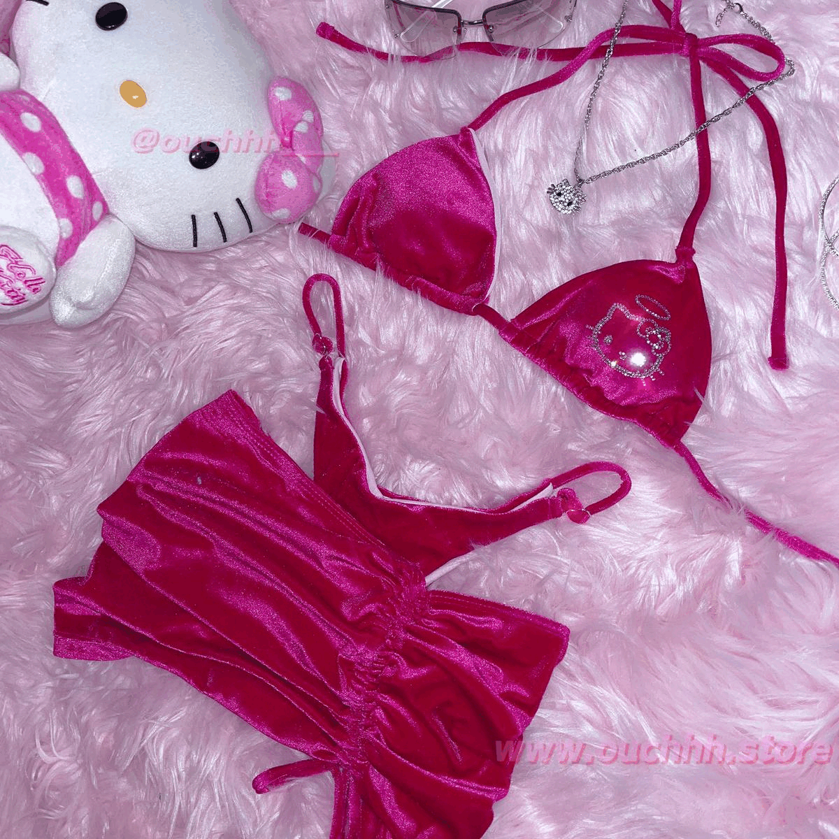 Hello Angel Bikini 3 Piece Set (Dark Pink)