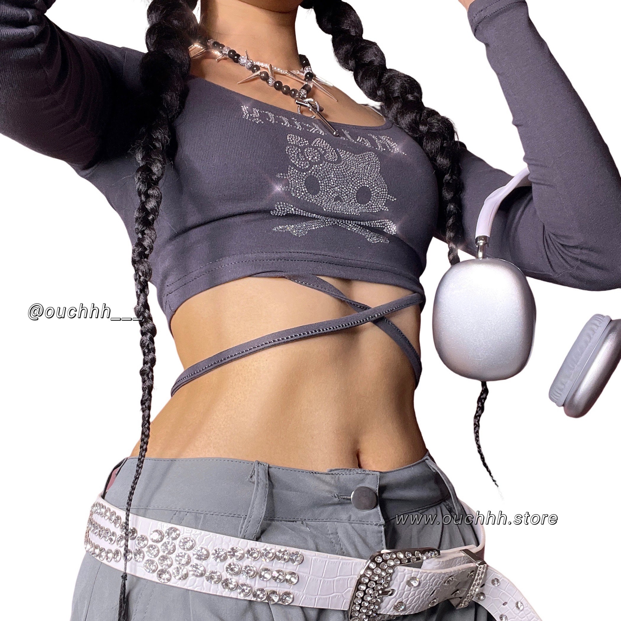 Hell Kitty Cross Tie Crop Top (Grey)