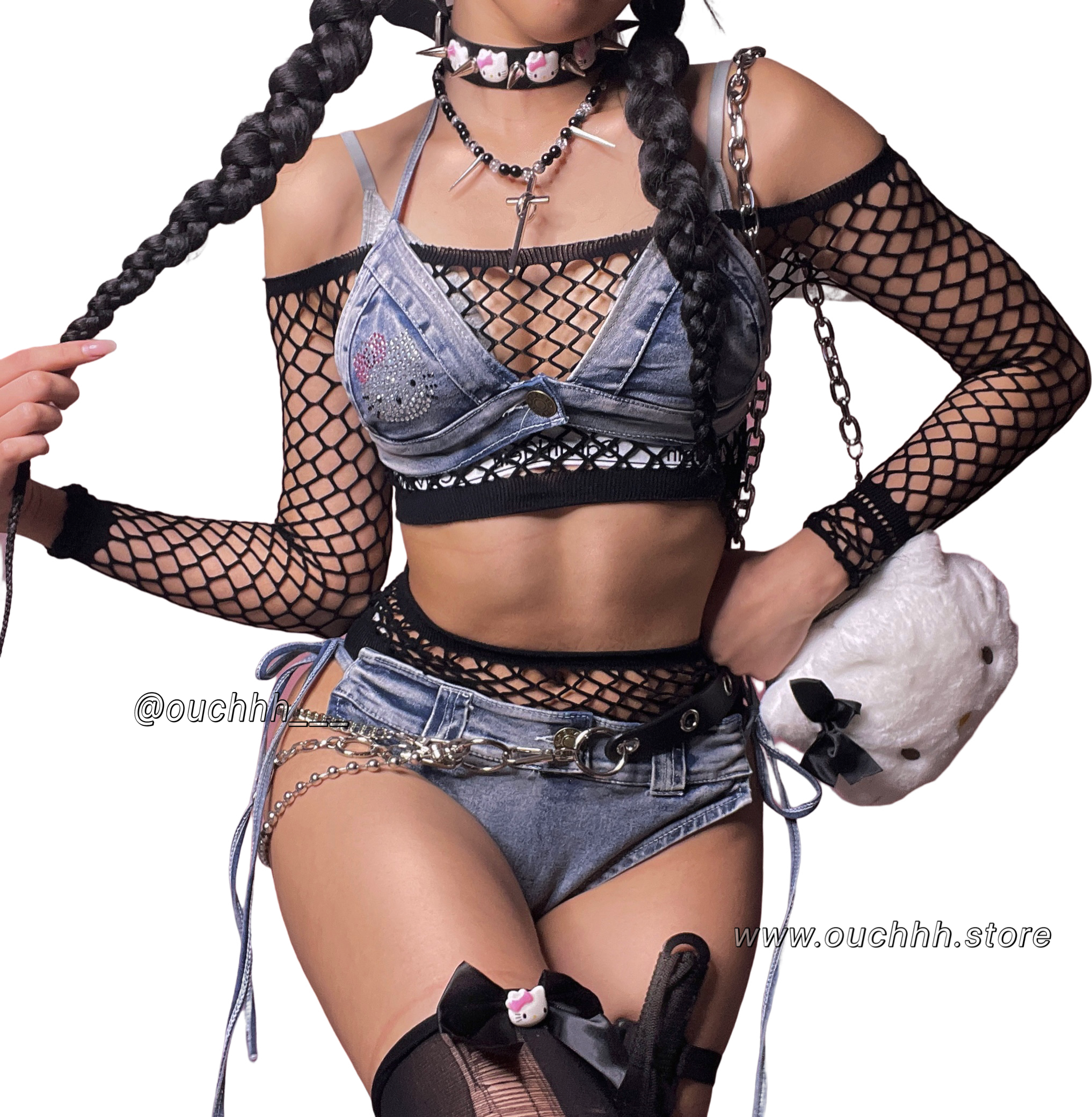 Rhinestone Kitty Denim Bikini Set