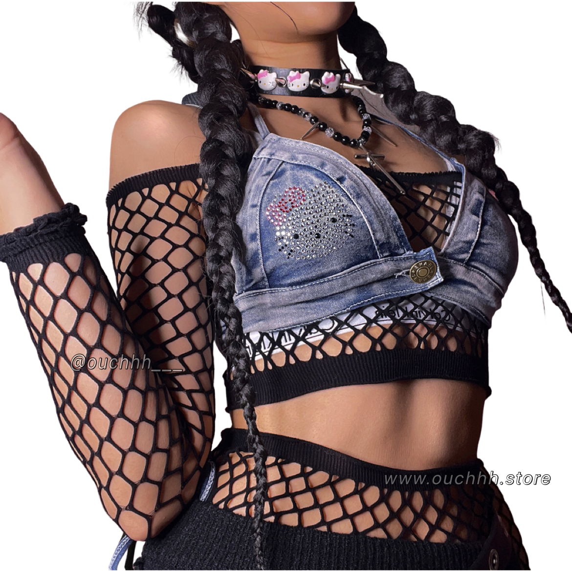 Rhinestone Kitty Denim Bikini Set