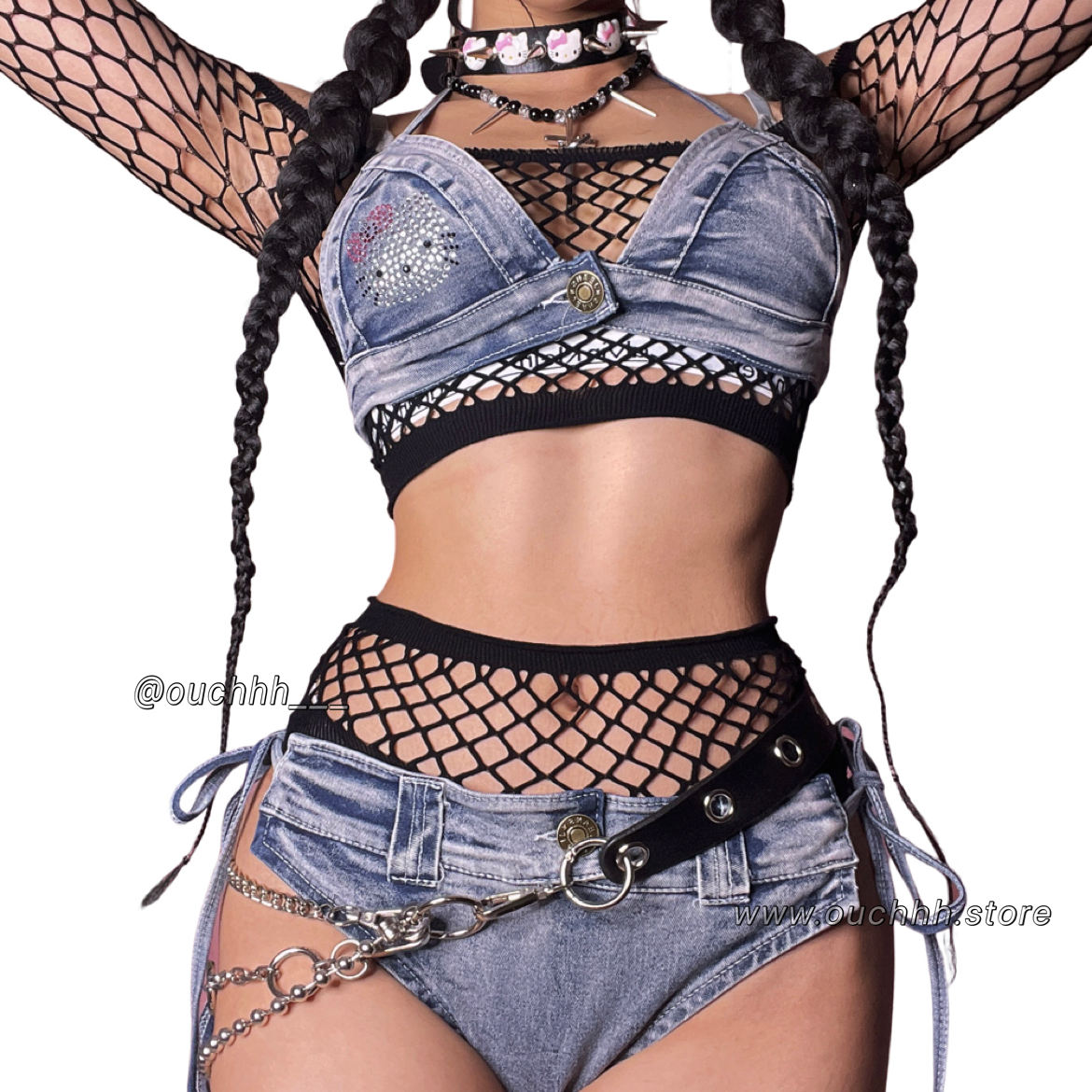 Rhinestone Kitty Denim Bikini Set