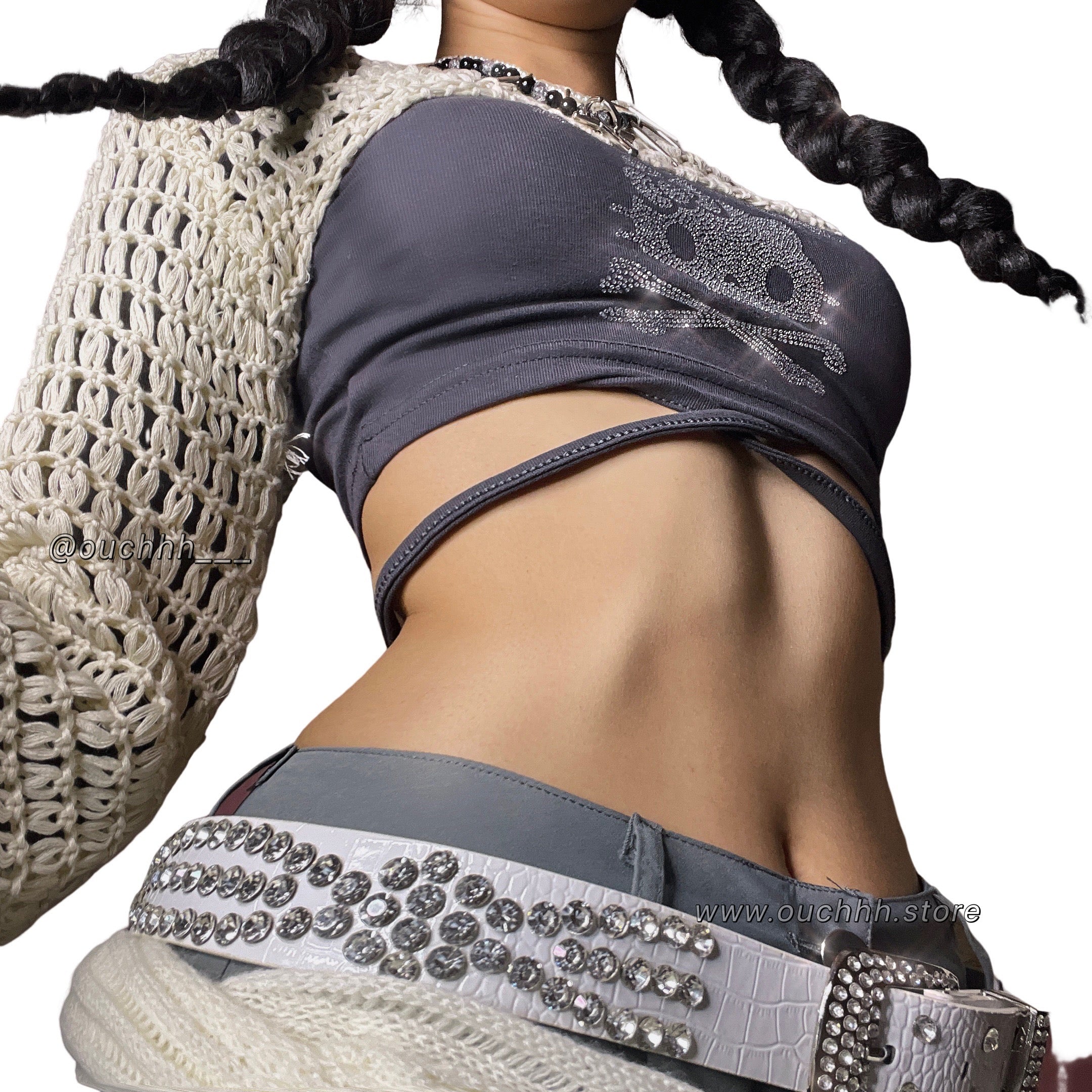 Hell Kitty Cross Tie Crop Top (Grey)