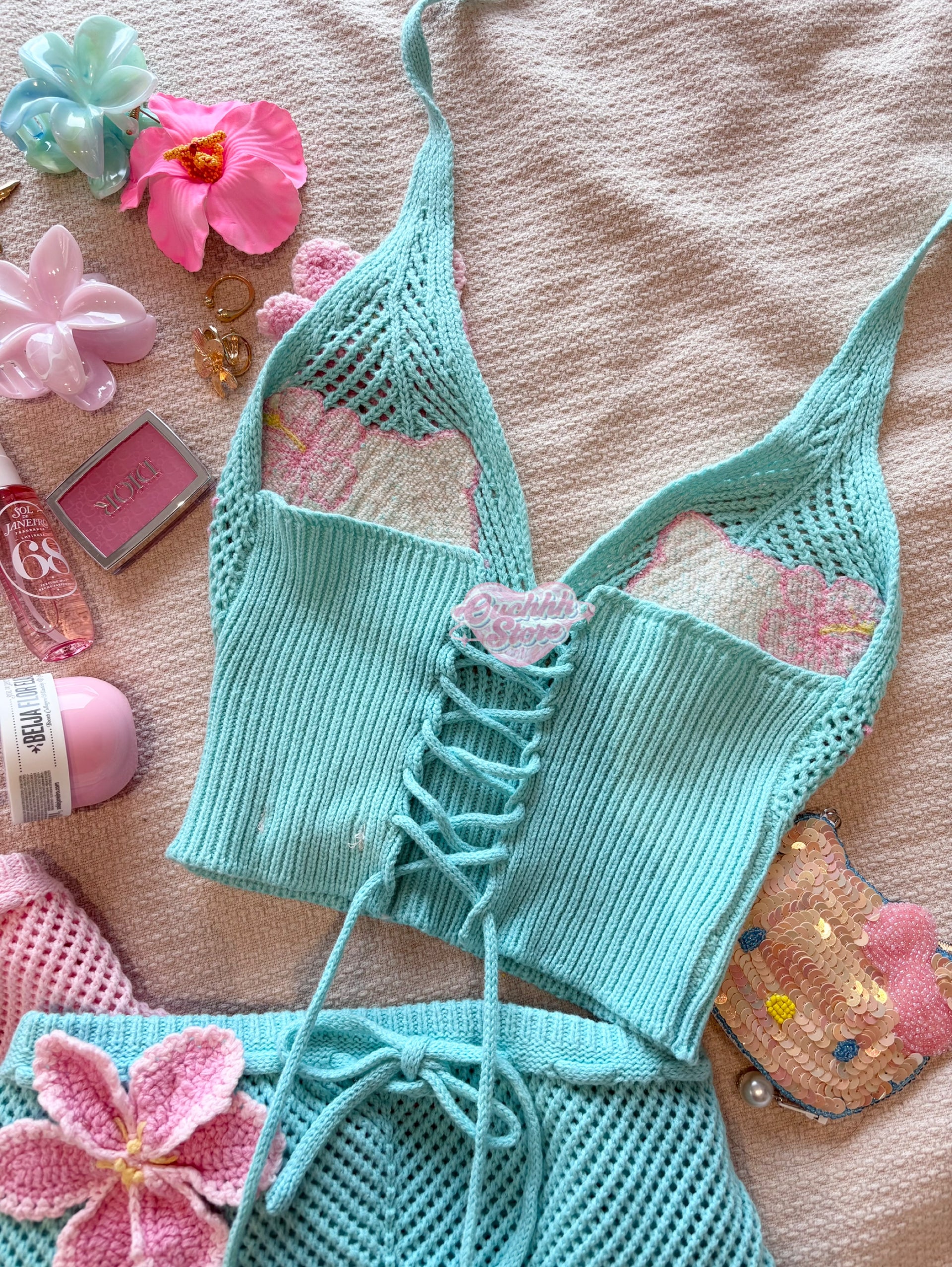 Hibiscus Kitty Crochet Set (Turquoise Blue)