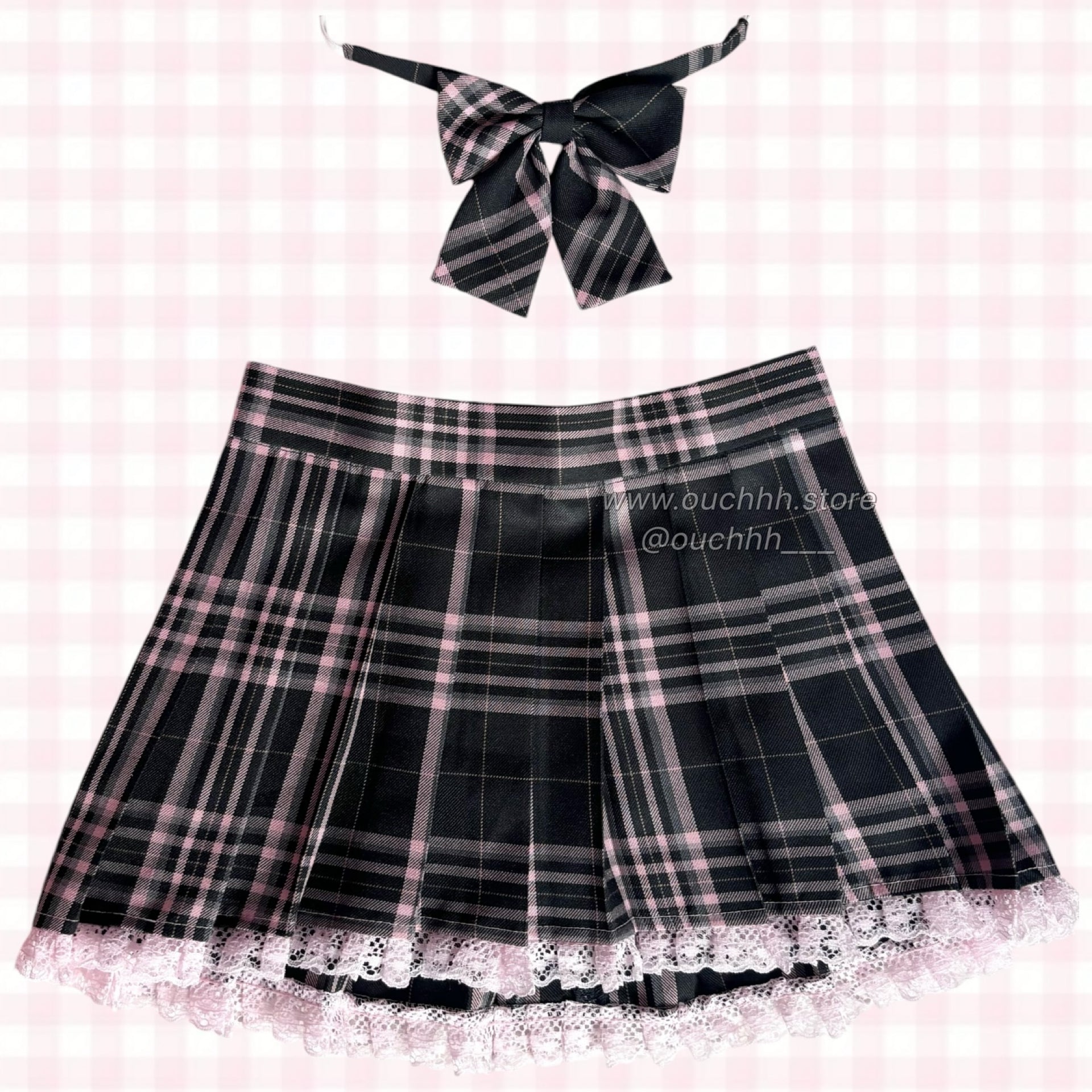 Academia Plaid Mini Skirt + Bow Tie (Dark Green)