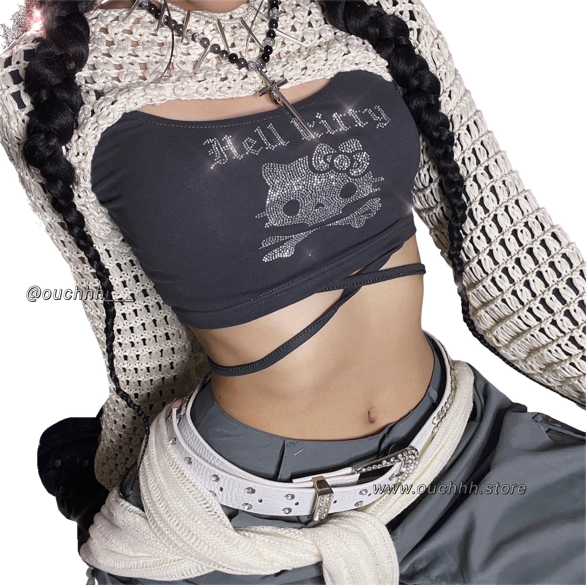 Hell Kitty Cross Tie Crop Top (Grey)